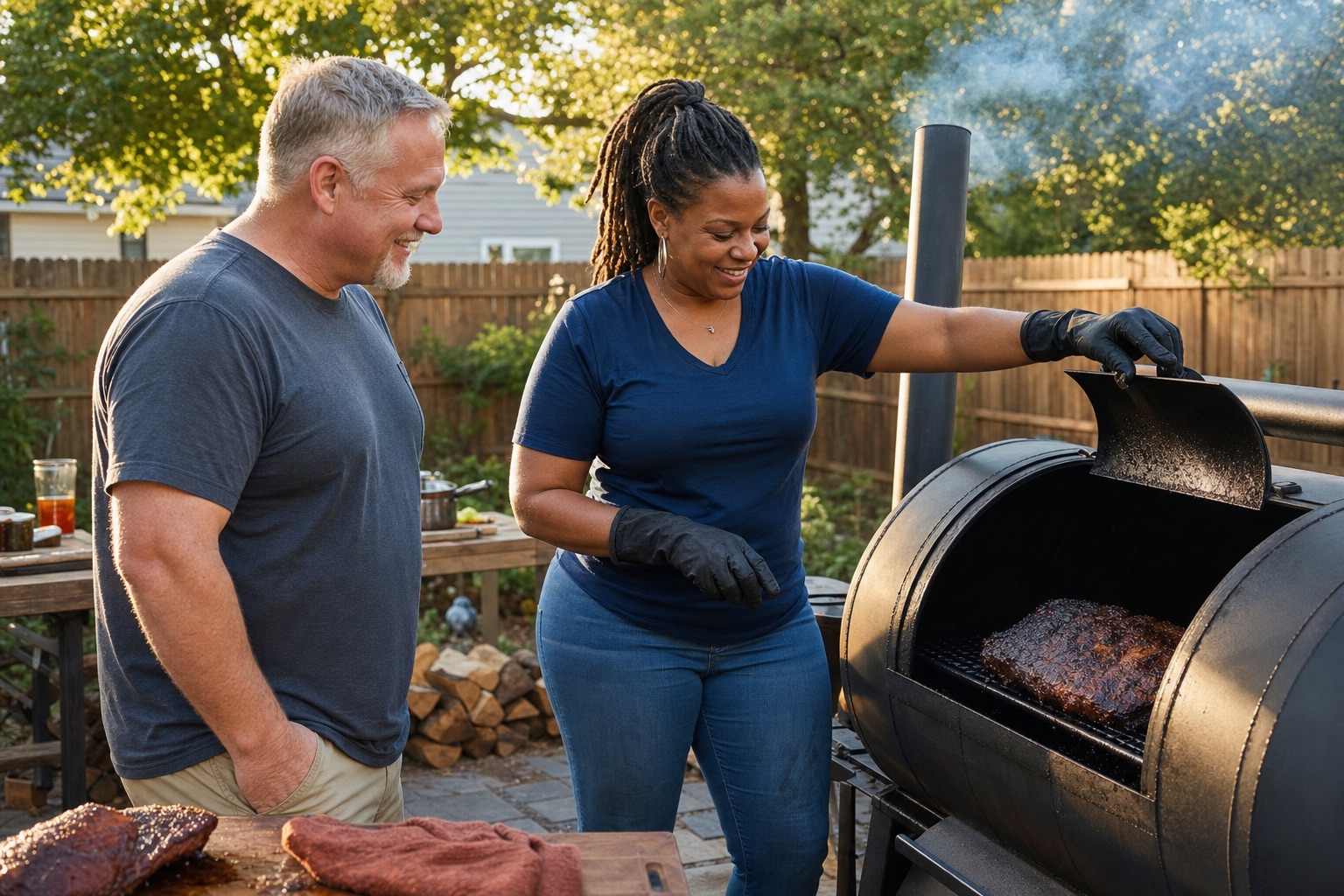 Two neighbors checking a brisket together on a backyard offset smoker